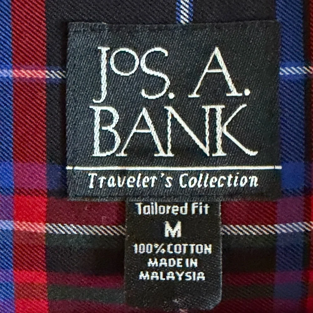 Jos. A. Bank Shirt Mens M Red Blue Plaid Tailored Long Sleeve Button Down Casual